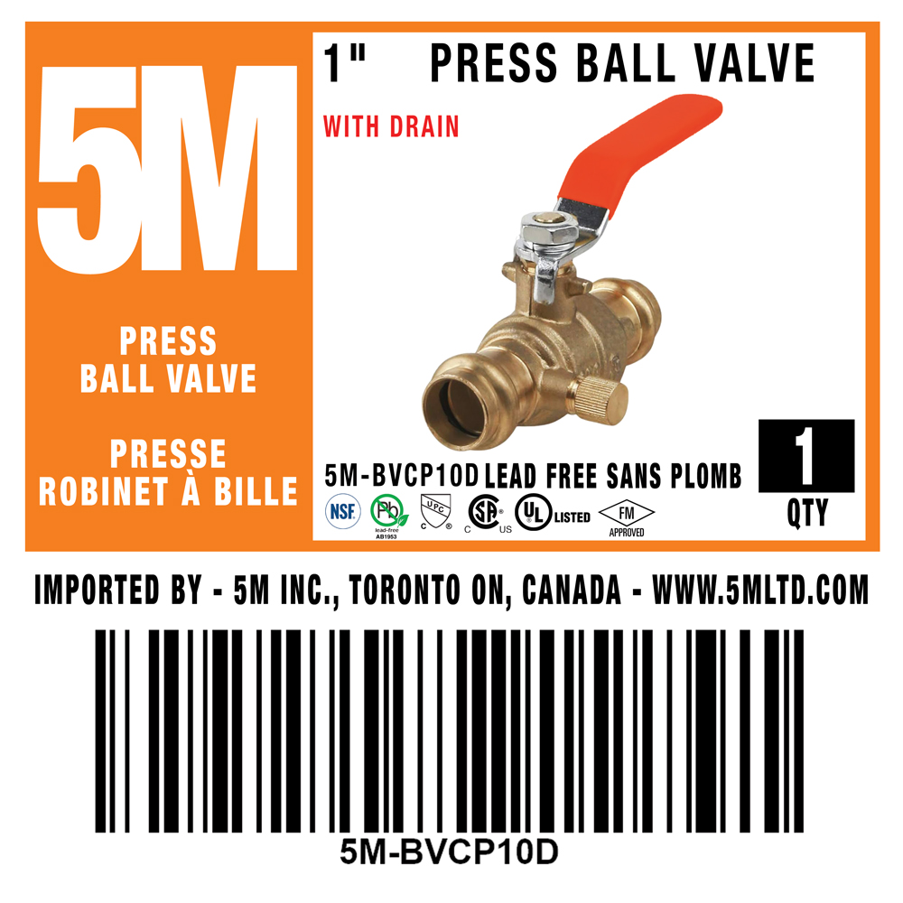5M- 1" Press Ball Valve LF  With Drain - 5M-BVCP10D - additional view
