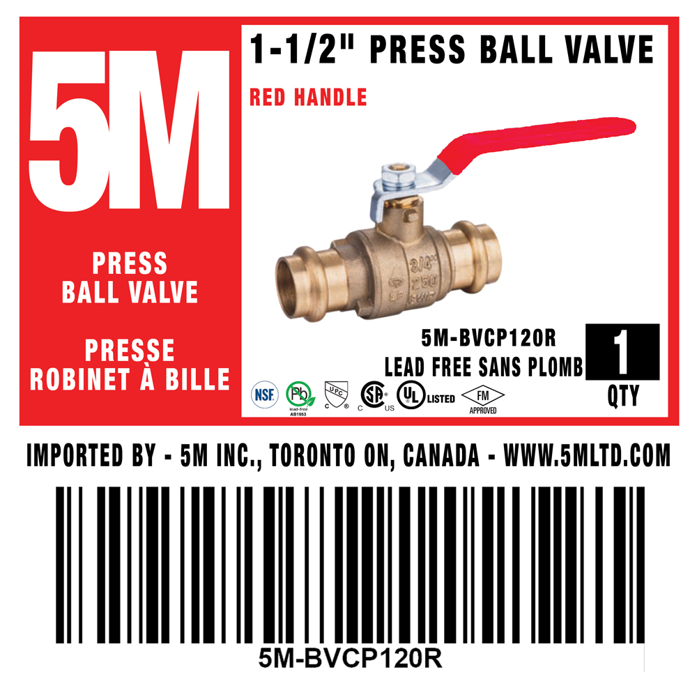 5M- RED 1-1/2" Press Ball Valve LF  - 5M-BVCP150R - additional view