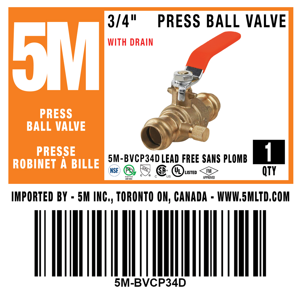 5M- 3/4" Press Ball Valve LF  With Drain - 5M-BVCP34D - additional view