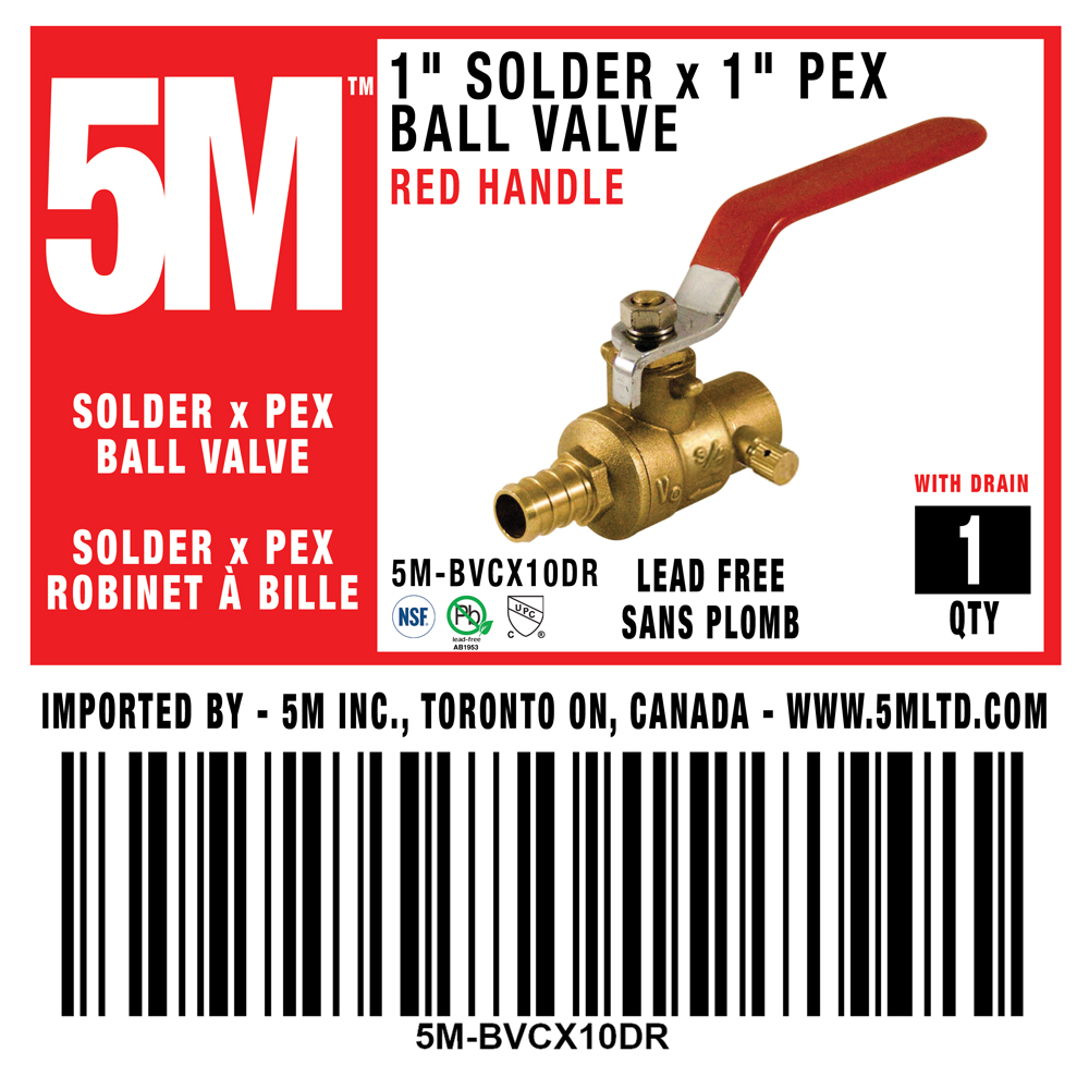 5M - BALL VALVE 1" FULL PORT SOLDER x PEX WITH DRAIN LEAD FREE - 5M-BVCX10DR - additional view