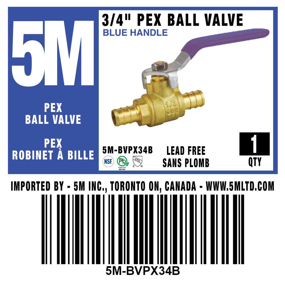 5M- BLUE PEX BALL VALVE LEAD FREE 3/4" X 3/4"-5M-BVPX34B - additional view