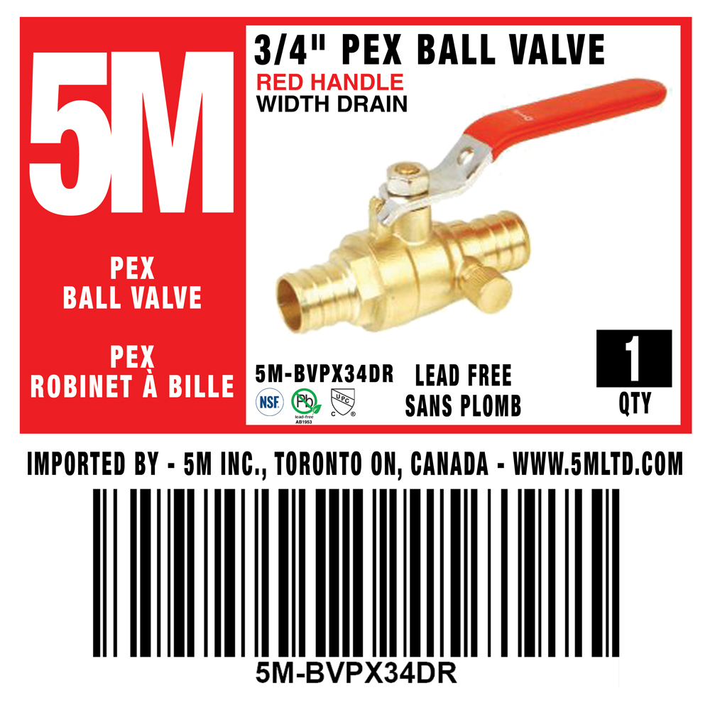 5M- RED PEX BALL VALVE LEAD FREE 3/4" X 3/4" W/Drain- 5M-BVPX34DR - additional view