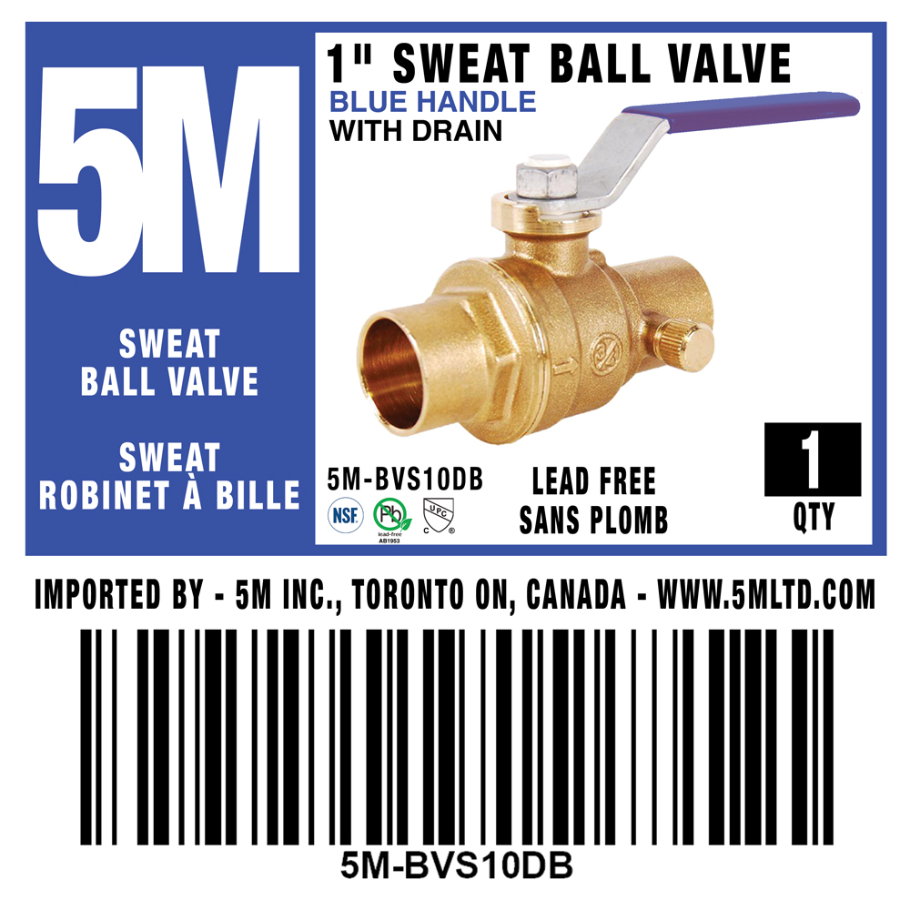 5M- 1" SWEAT BALL VALVE LEAD FREE WITH DRAIN - BLUE HANDLE- 5M-BVS10DB - additional view
