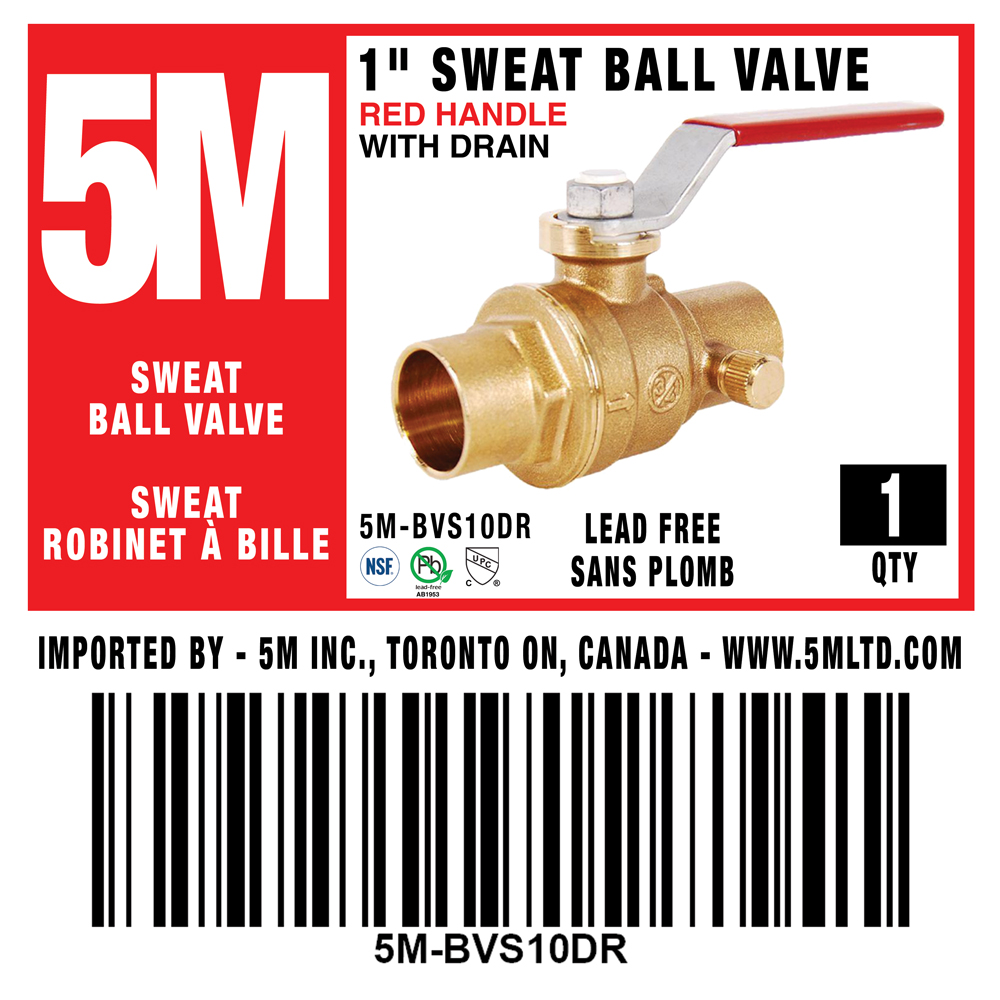 5M- 1" SWEAT BALL VALVE LEAD FREE WITH DRAIN - REDE HANDLE- 5M-BVS10DR - additional view
