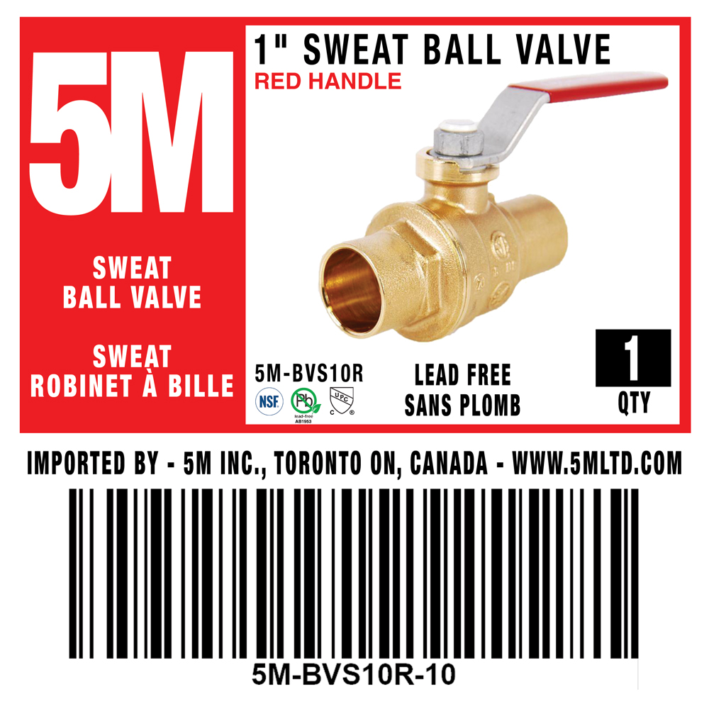 5M- 1" Sweat Ball Valve LF  - RED HANDLE - 5M-BVS10R - additional view