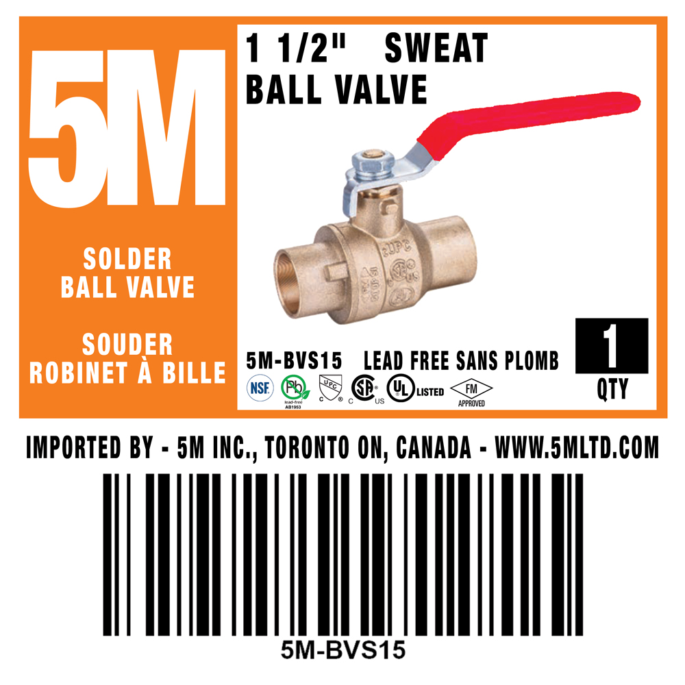 5M- 1-1/2" Sweat Ball Valve LF  - 5M-BVS15 - additional view