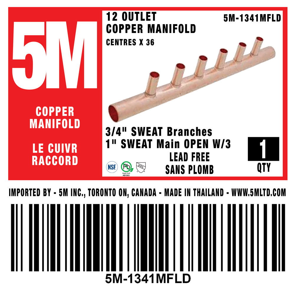 Copper Manifold - 1" Inlet/Outlet x 3/4" Branch