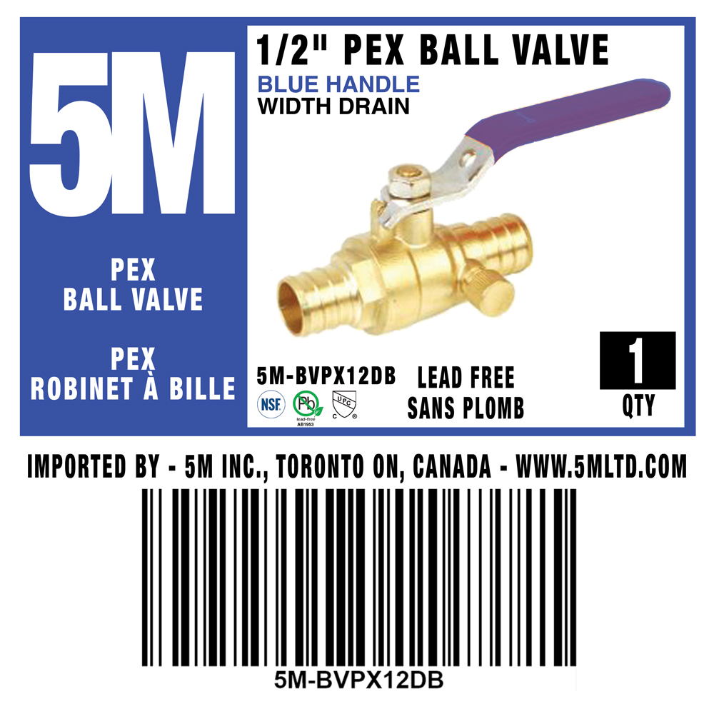 5M- BLUE PEX BALL VALVE LEAD FREE W/Drain
