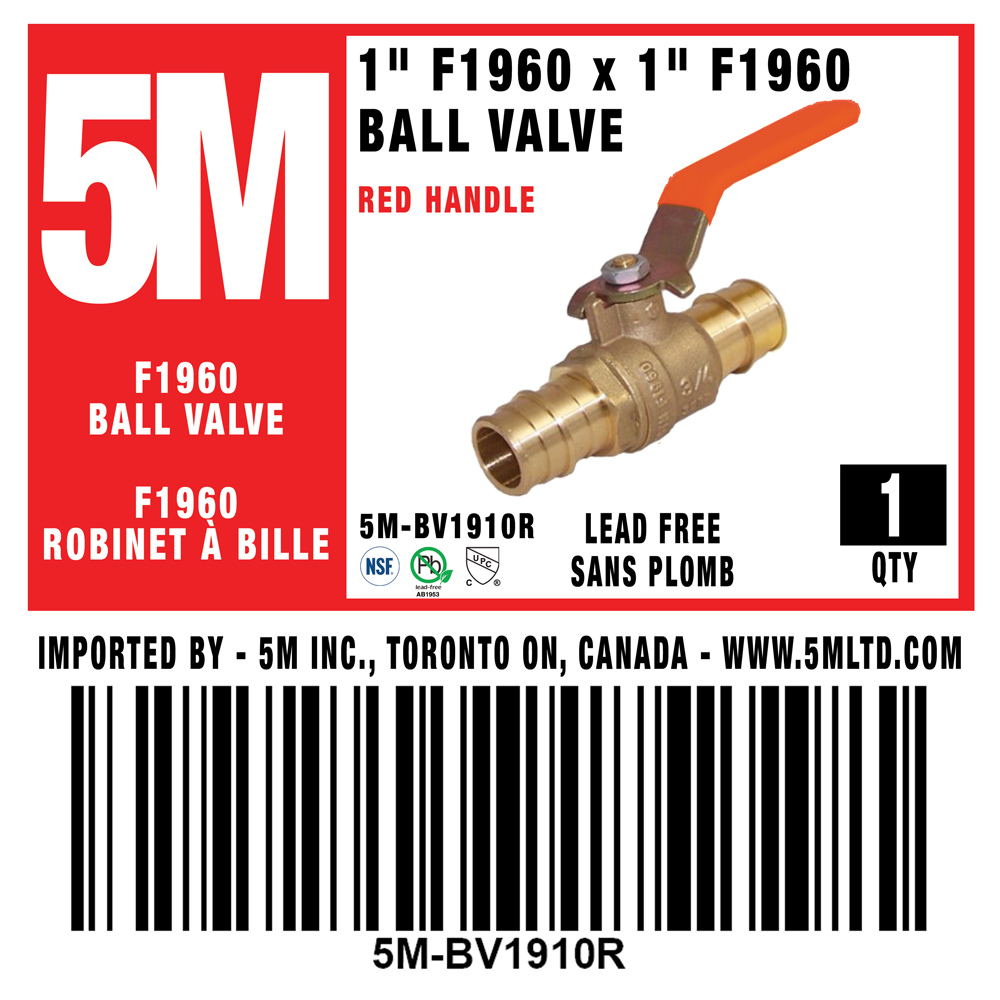 5M - RED 1" F1960 PEX BALL VALVE - 5M-BV1910R