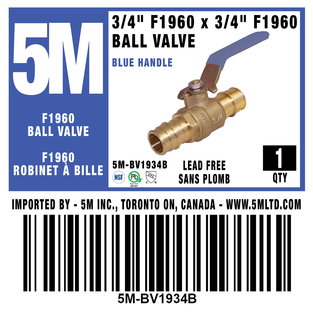 5M - BLUE 3/4" F1960 PEX BALL VALVE - 5M-BV1934B