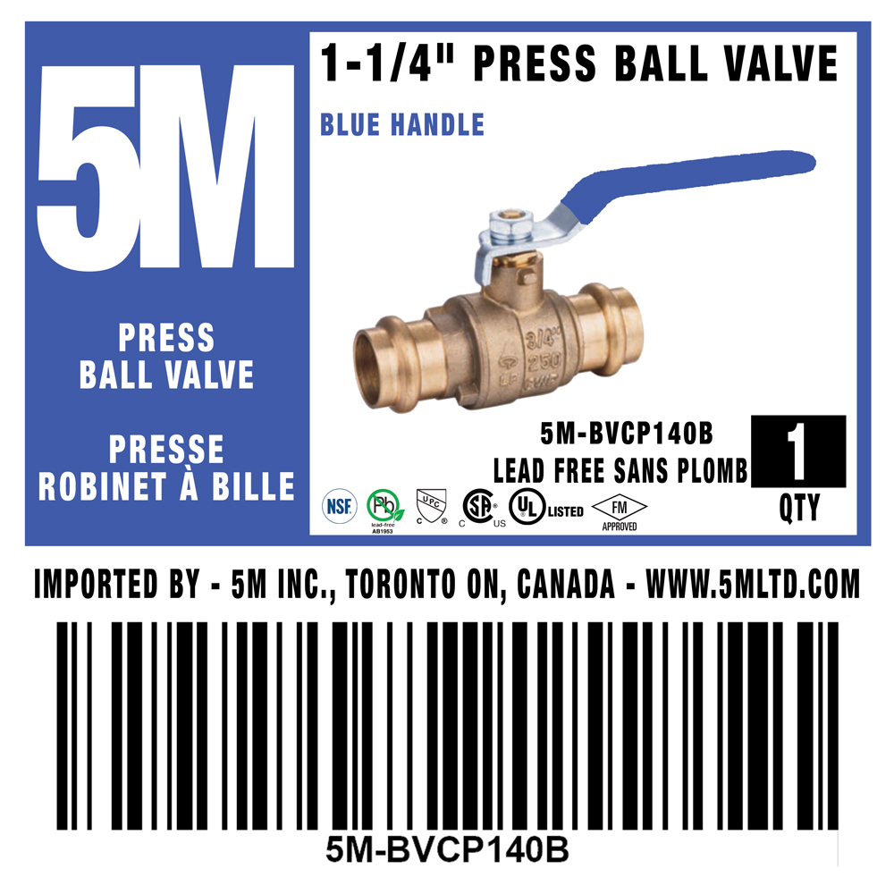 5M- BLUE 1-1/4" Press Ball Valve LF  - 5M-BVCP140B