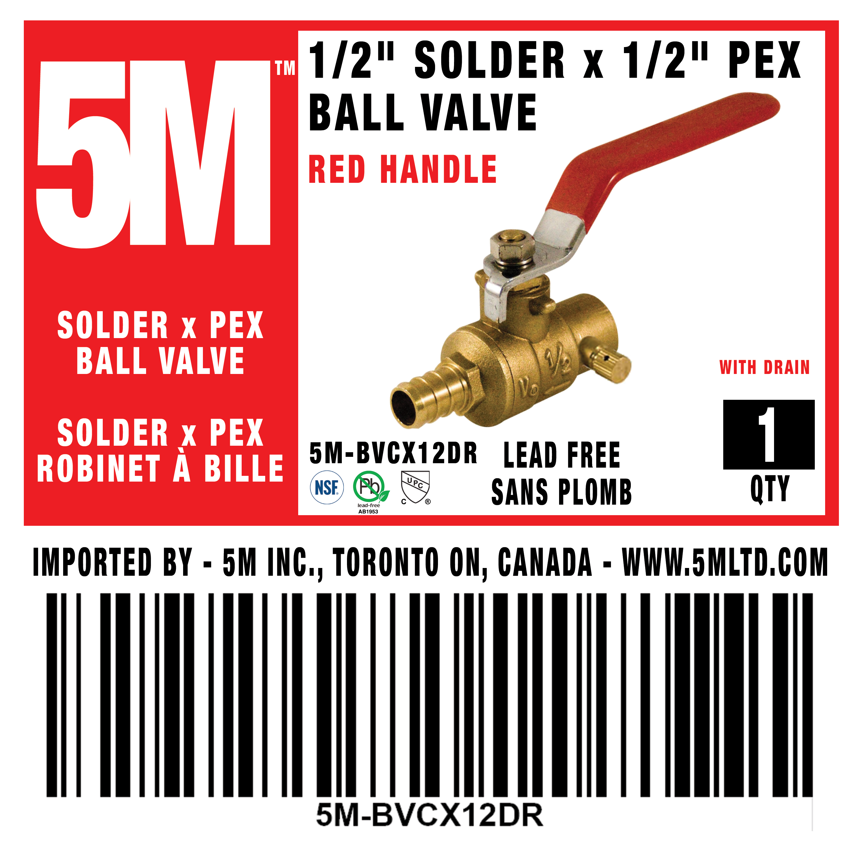 5M - BALL VALVE FULL PORT SOLDER x PEX WITH DRAIN LEAD FREE - RED
