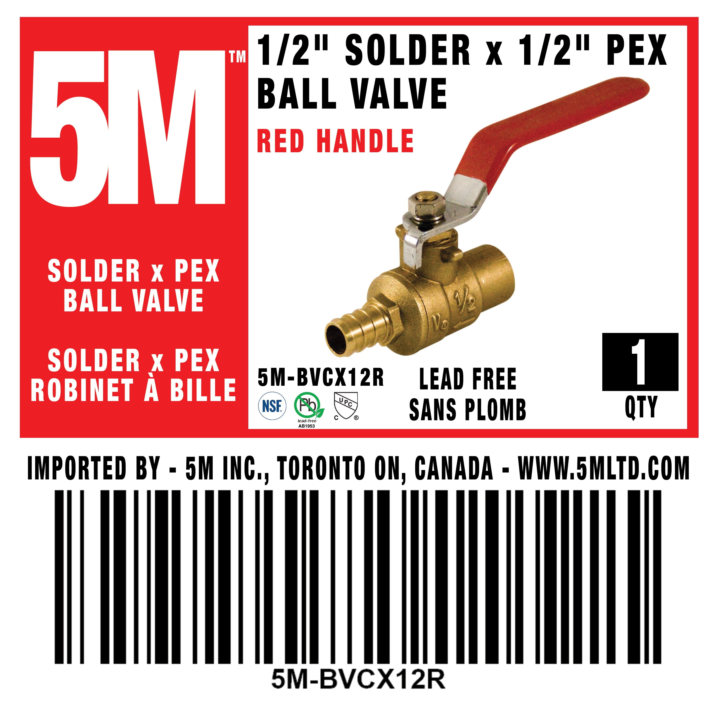 5M - BALL VALVE 1/2 FULL PORT SOLDER x PEX LEAD FREE - 5M-BVCX12R