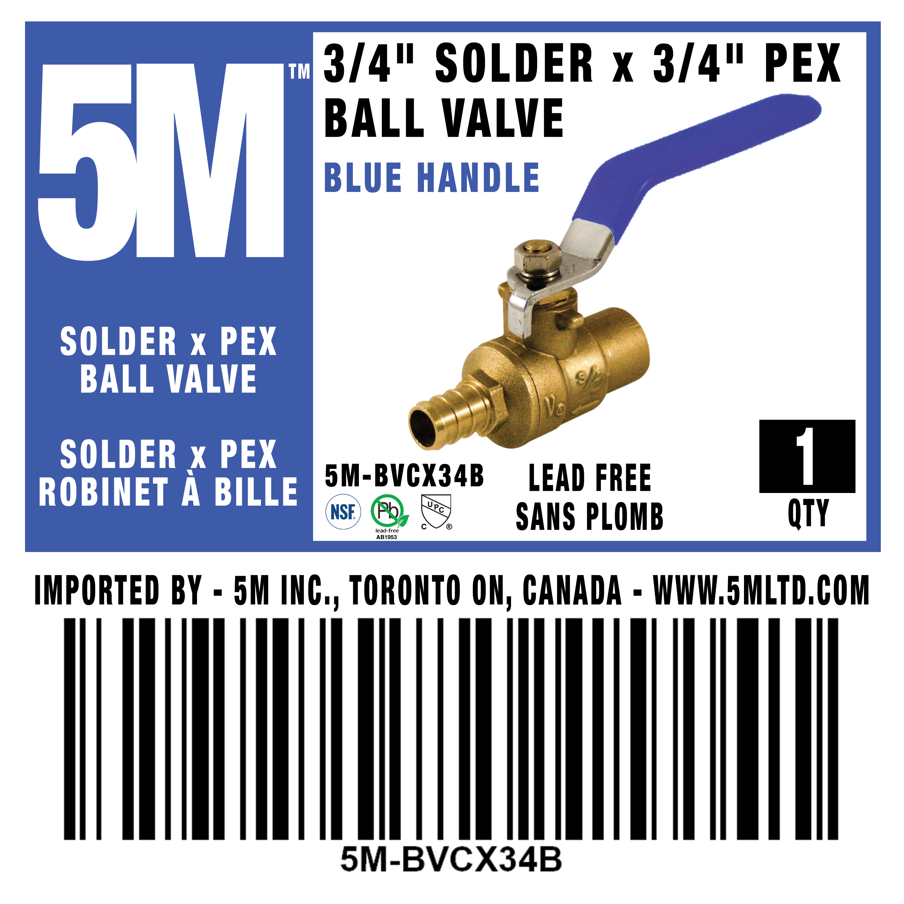 5M - BLUE BALL VALVE 3/4 FULL PORT SOLDER x PEX LEAD FREE - 5M-BVCX34B