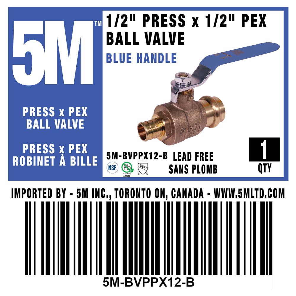 5M - 1/2" PRESS x PEX   BALL VALVE  - BLUE - 5M-BVPPX12-B