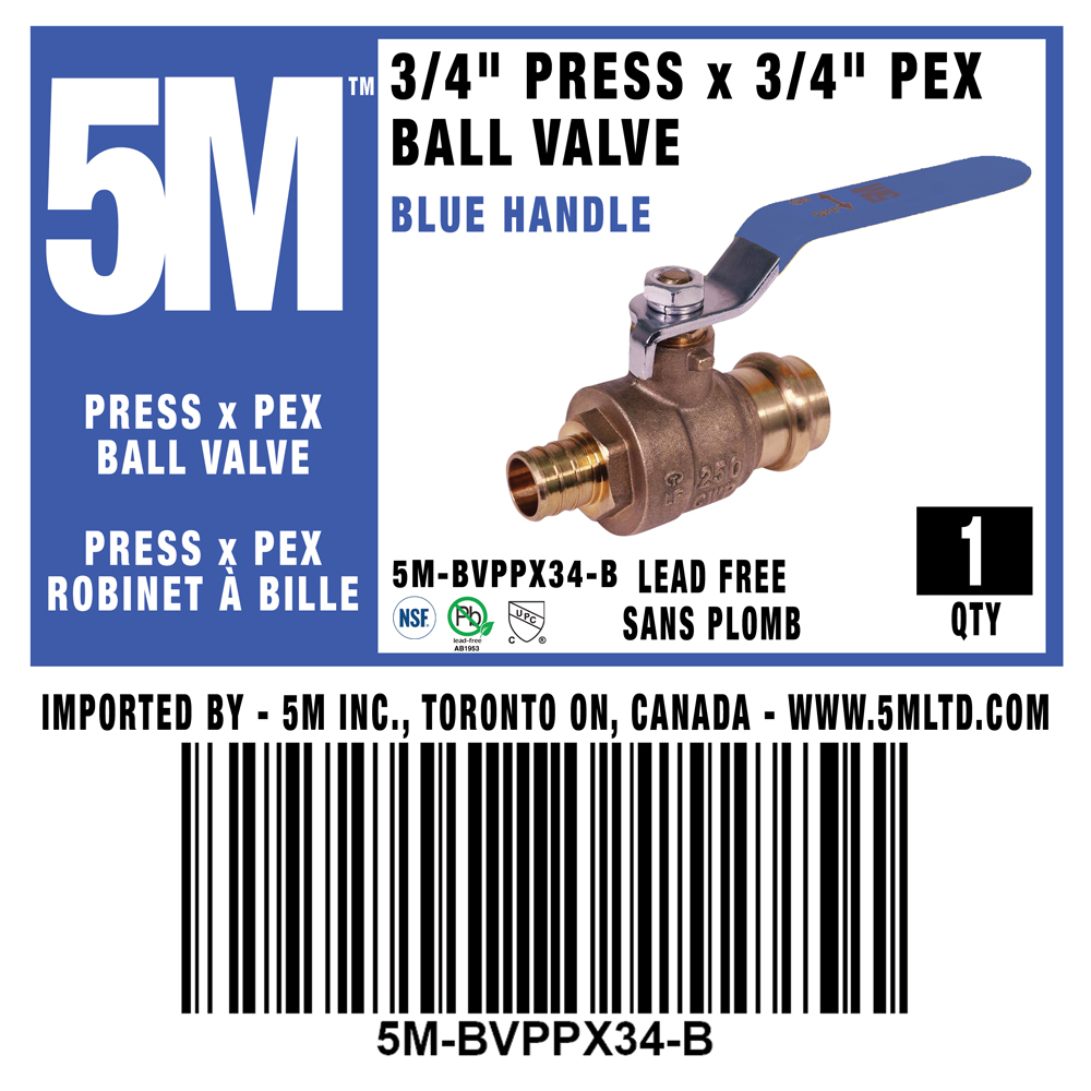 5M - 3/4" PRESS x PEX   BALL VALVE  - BLUE - 5M-BVPPX34-B