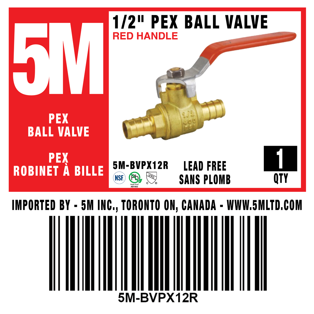 5M- RED PEX BALL VALVE LEAD FREE 1/2" X 1/2" -5M-BVPX12R
