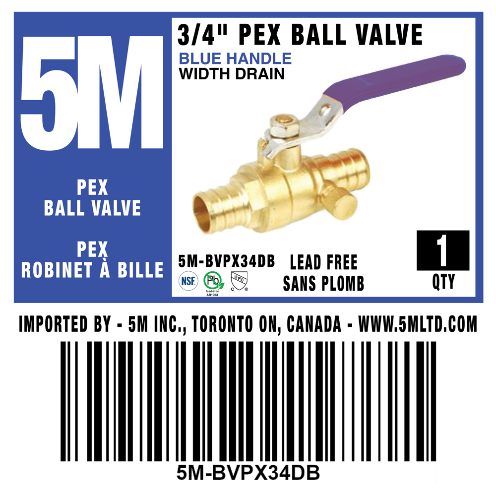 5M- BLUE PEX BALL VALVE LEAD FREE 3/4" X 3/4" W/Drain- 5M-BVPX34DB
