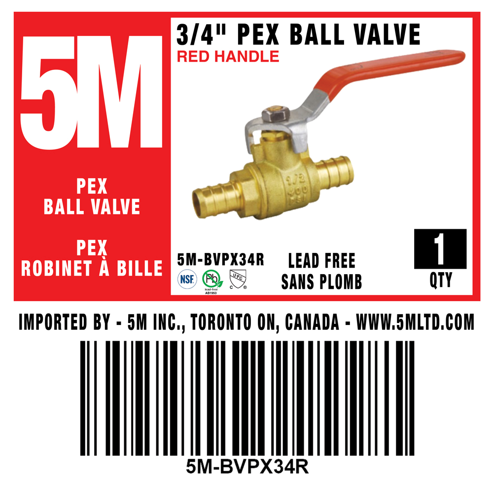 5M- RED PEX BALL VALVE LEAD FREE 3/4" X 3/4"-5M-BVPX34R