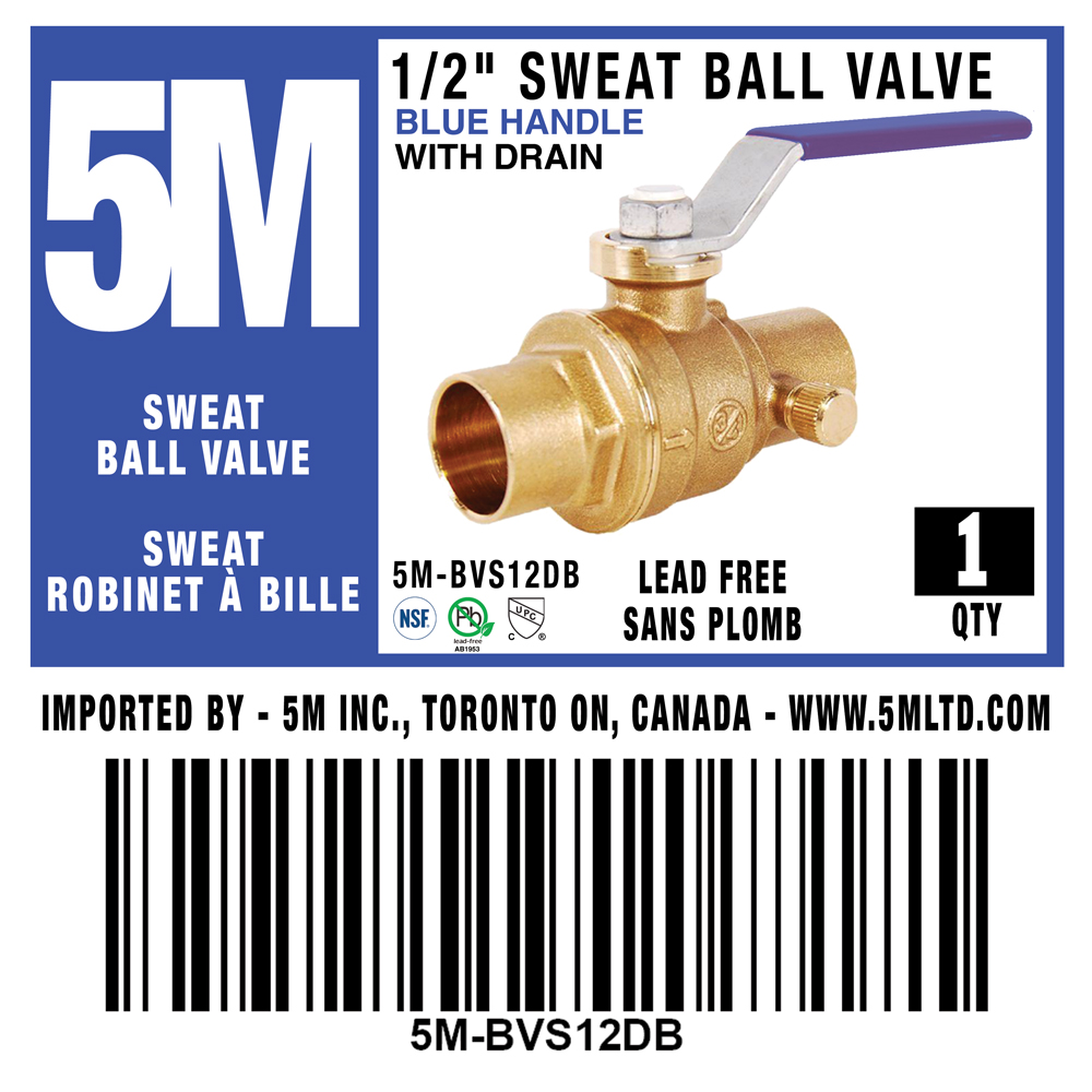 5M- 1/2"  SWEAT BALL VALVE LEAD FREE WITH DRAIN - BLUE HANDLE -5M-BVS12DB