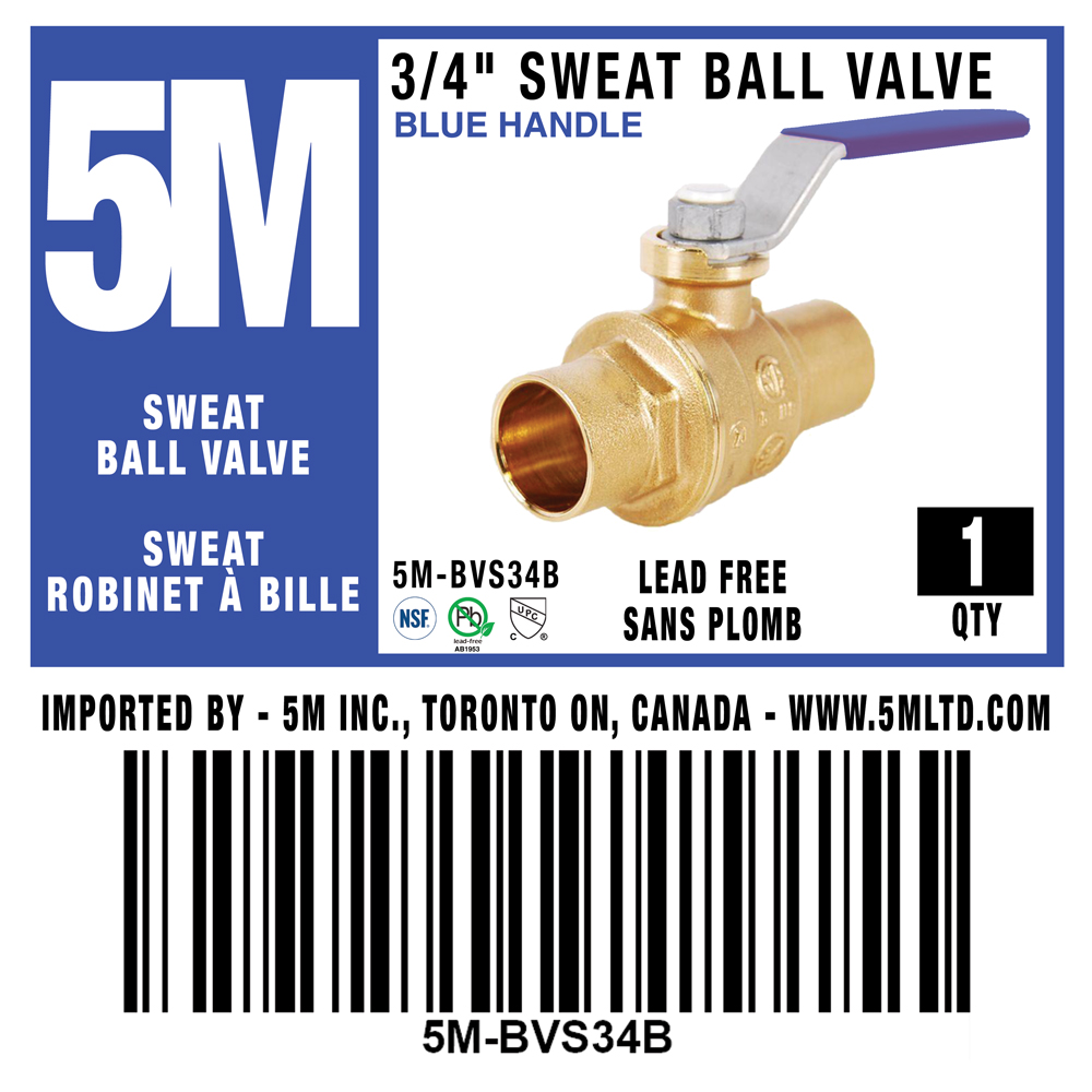5M- 3/4" Sweat Ball Valve LF - BLUE HANDLE - 5M-BVS34B