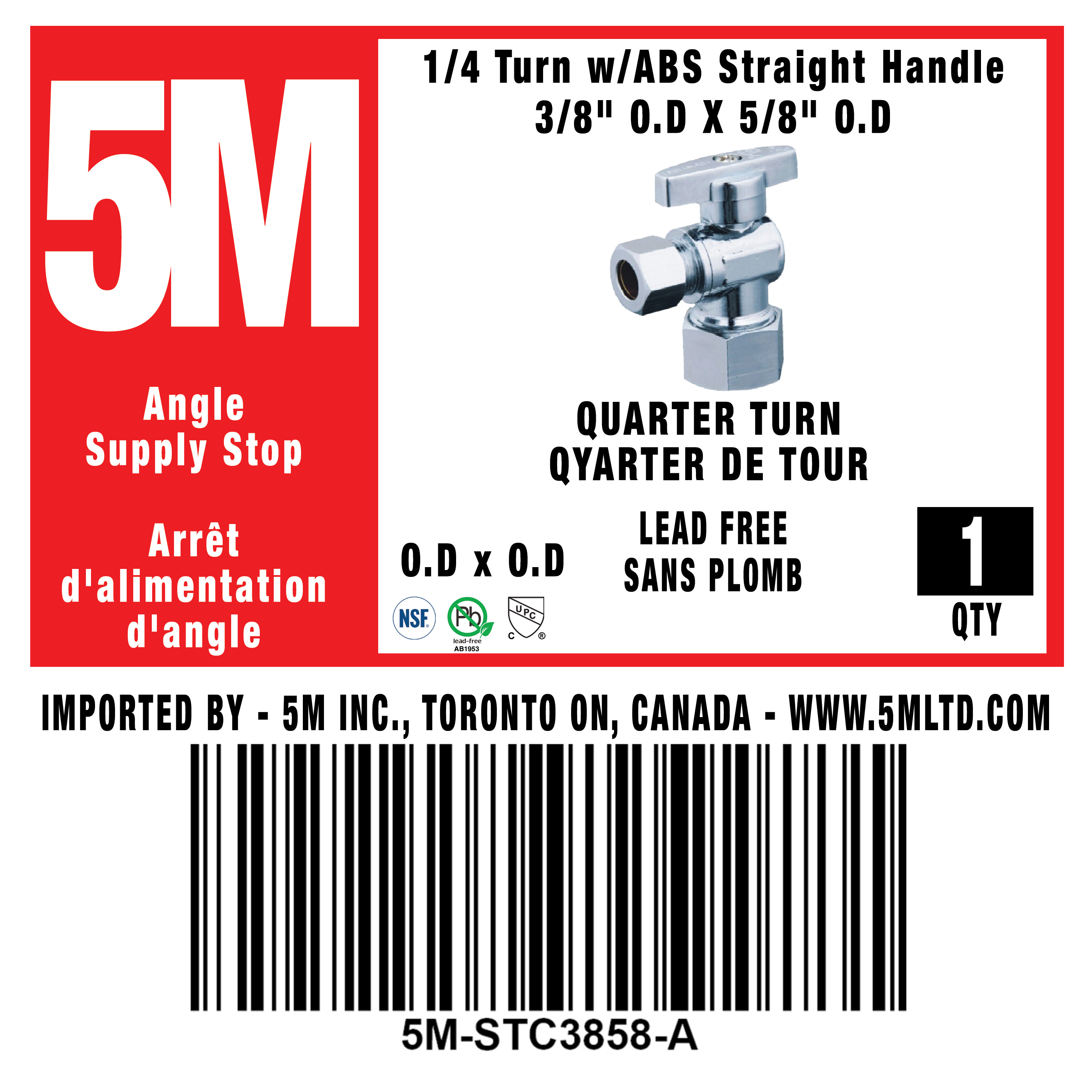 1/4 Turn Angle Stop VALVE w/ABS Straight Handle -3/8" O.D X 5/8" O.D - variation