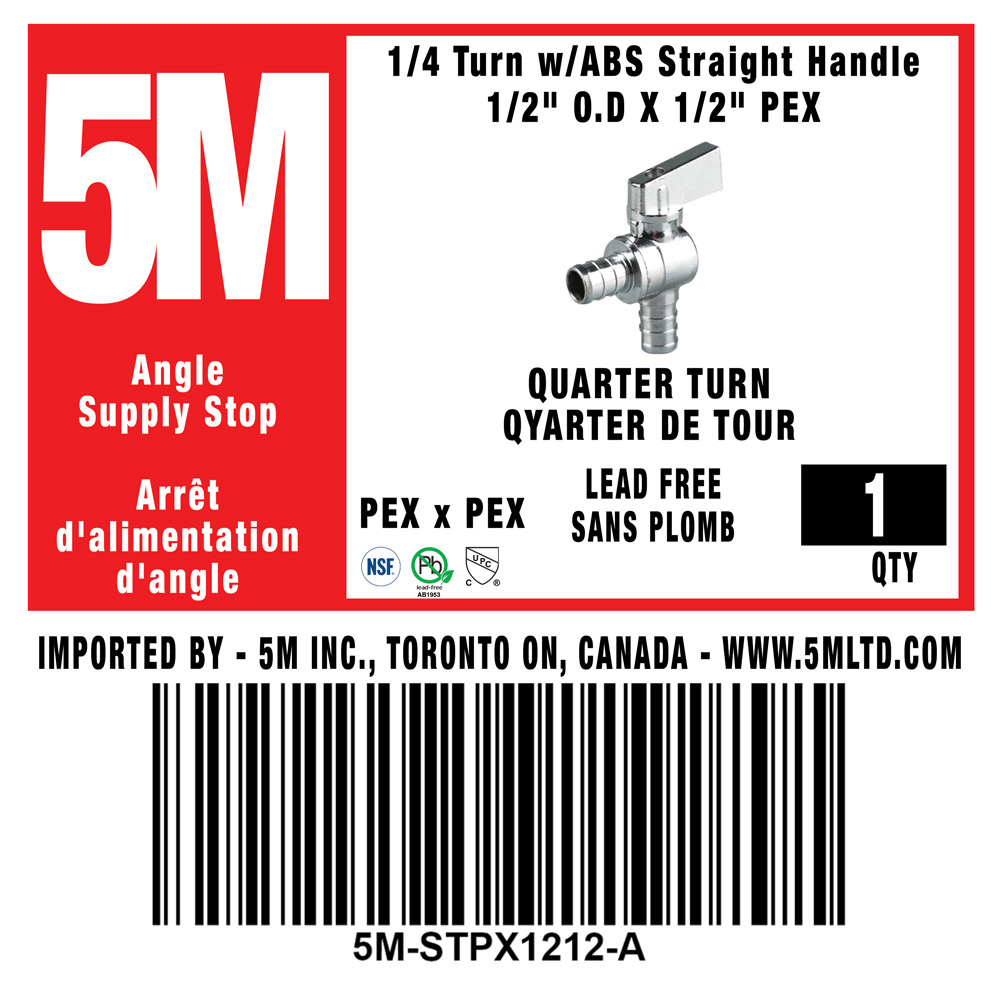 1/4 Turn Angle Stop VALVE w/ABS Straight Handle -1/2" PEX X 1/2" PEX-5M-STPX1212-A - variation