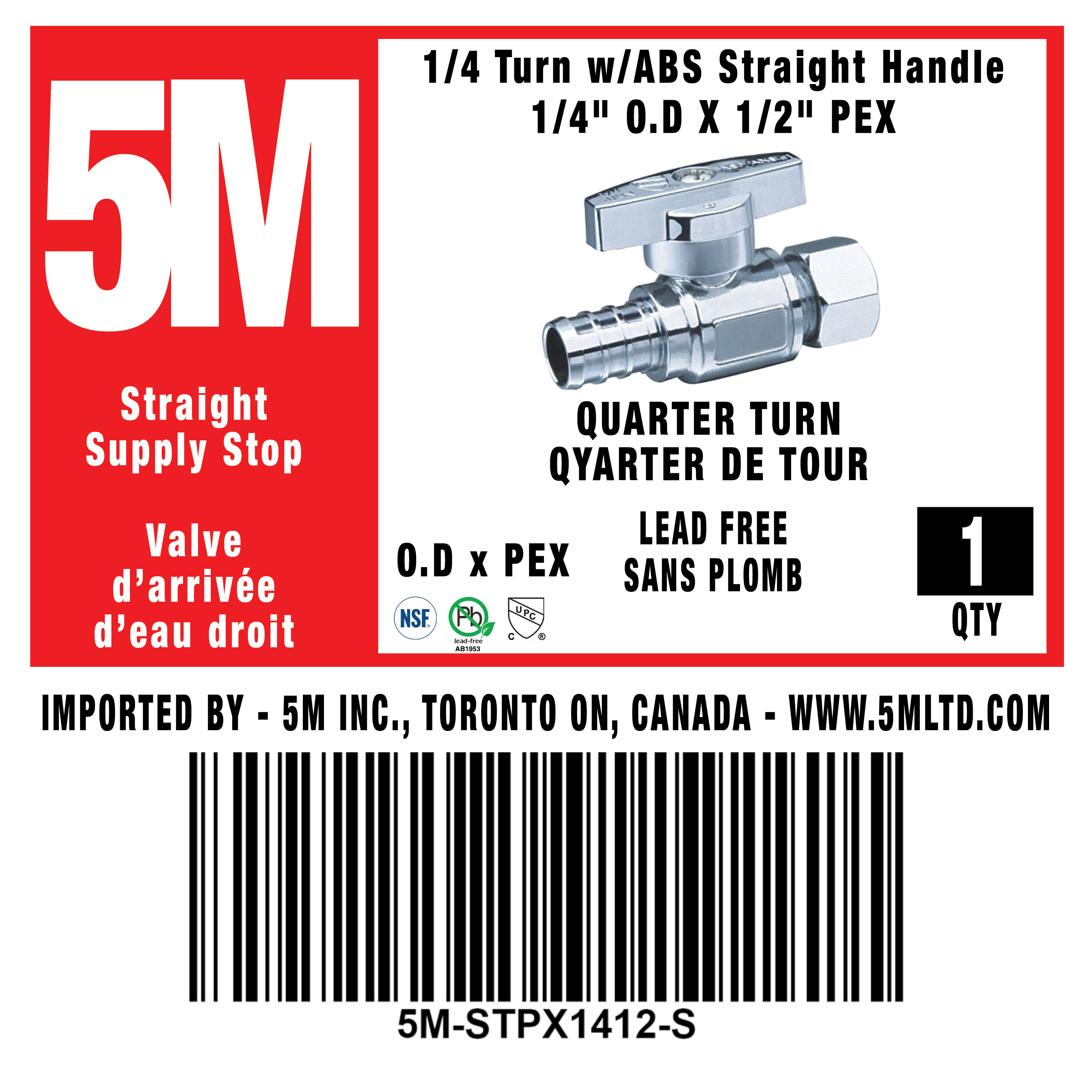 1/4 Turn Straight Stop VALVE w/ABS Straight Handle -1/4" O.D X 1/2" PEX-5M-STPX1412-S - variation