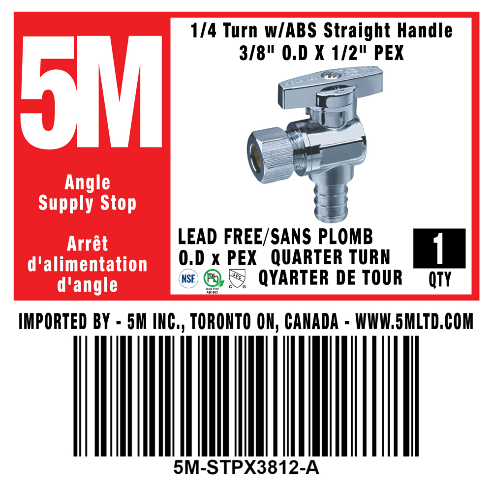 1/4 Turn Angle Stop VALVE w/ Straight Handle -3/8" O.D X 1/2" PEX-5M-STPX3812-A - variation