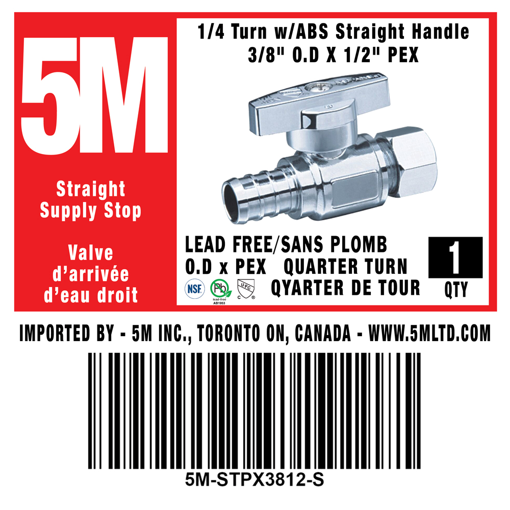 1/4 Turn Straight Stop VALVE w/ Straight Handle -3/8" O.D X 1/2" PEX-5M-STPX3812-S - variation