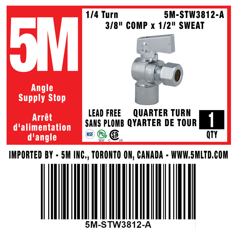 1/4 Turn Angle Stop VALVE w/ABS Straight Handle -3/8" Comp. X 1/2" Sweat-5M-STW3812-A - variation